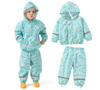 JinBei Traje Impermeable Niños Ligero Chubasquero Niña 2 Piezas con Capucha Chaqueta Impermeable Pantalones Reflectante Transpirable Conjunto Ropa de lluvia Unisex Estampado Verde 1-2 años