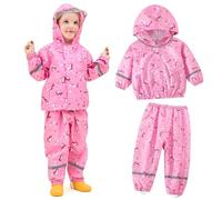 JinBei Traje Impermeable Niños Ligero Chubasquero Niña 2 Piezas con Capucha Chaqueta Impermeable Pantalones Reflectante Transpirable Conjunto Ropa de lluvia Unisex Estampado Rosa 6-7 años