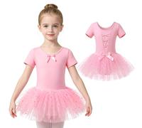 JinBei Vestido Ballet Niña Algodón Maillot de Danza con Lentejuelas Traje de Ballet Tutu Cómodo Manga Corta Gimnasia Body de Baile Ropa Infantil para Actuación Práctica Diaria, 4-5 Años, Rosa