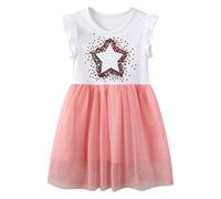 JinBei Vestido para Niñas Algodon Casual Lentejuelas Estrellas Rosa Tul Sin Mangas Blanco T-Shirt Vestidos Verano Bordado Vestido para Niña 3-4 Años