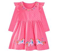 JinBei Vestido para Niñas Algodon Mangas Largas Cuello T-Shirt Redondo Vestidos Unicornio Dibujos Animal Aplique Estampado Fucsia Casual Princesa Fiesta Verano 7-8 Años