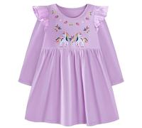 JinBei Vestido para Niñas Algodon Mangas Largas Cuello T-Shirt Redondo Vestidos Unicornio Dibujos Animal Aplique Estampado Morado Casual Princesa Fiesta Verano 4-5 Años