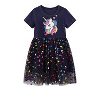 JinBei Vestido para Niñas Unicornio Lentejuelas Algodon Casual Tul Manga Corta T-Shirt Vestidos Verano Bordado Caballo Animal Vestido para Niña 3-4 Años, Azul Marino
