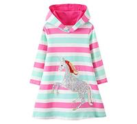 JinBei Vestidos para Niñas con Capucha Otoño Falda Manga Larga Algodón Caballo Rayas Rosas Arco Iris Unicornio Baratos Casuales Vestidos Ropa Infantil 5-6 años