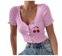 Jinchan - Camiseta de verano para mujer, sexy, manga corta, ajustada, monocolor, cosecha acanalada, cereza bordada, manga corta, Rosa., L