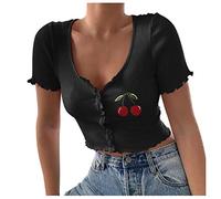 Jinchan - Camiseta de verano para mujer, sexy, manga corta, ajustada, monocolor, cosecha acanalada, cereza bordada, manga corta, Negro , M