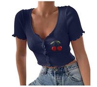 Jinchan - Camiseta de verano para mujer, sexy, manga corta, ajustada, monocolor, cosecha acanalada, cereza bordada, manga corta, marine, M
