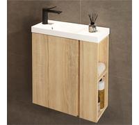 Jindoli Mueble Baño con Lavabo 55 CM - Conjunto De Mueble De Baño con 2 Estantes Laterales Exteriores y Ganchos, Mueble MONTADO y Lavabo Encastrado para el Cuarto (Roble Sonoma)