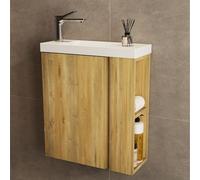 JINDOLI Mueble Baño con Lavabo 55 CM, Conjunto De Mueble De Baño con 2 Estantes Laterales Exteriores y Gancho, Mueble MONTADO y Lavabo Encastrado para el Cuarto, Roble Natural (Incluye Grifo Plateado)