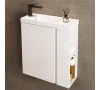 Jindoli Mueble Baño con Lavabo 55 CM - Conjunto De Mueble De Baño con 2 Estantes Laterales Exteriores y Ganchos, Mueble MONTADO y Lavabo Encastrado para el Cuarto - Blanco Mate ((Incluye Grifo Negro)