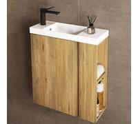 JINDOLI Mueble Baño con Lavabo 55 CM - Conjunto De Mueble De Baño con 2 Estantes Laterales Exteriores y Ganchos, Mueble MONTADO y Lavabo Encastrado para el Cuarto - Roble Natural (Incluye Grifo Negro)