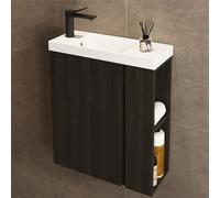 Jindoli Mueble Baño con Lavabo 55 CM - Conjunto De Mueble De Baño con 2 Estantes Laterales Exteriores y Ganchos, Mueble MONTADO y Lavabo Encastrado para el Cuarto (Negro)