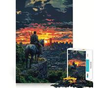 Jinete postapocalíptico contemplando la Puesta de Sol en la Ciudad Rompecabezas de 1000 Piezas para Adultos Rompecabezas Mental Suave y Relajante Imagen para armar Artículo de Santa Claus (38x26cm)