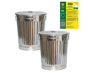 Jinfa 2 Cubos de metal galvanizado con asas y tapa diseño retro + 5 bolsas de basura | Zinc | Ø 44 cm | Capacidad 62L