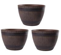 Jinfa 3 Maceteros Grandes Exterior de plástico Efecto Madera | Color Castaño | Diseño Media Barrica | Ø 38 cm