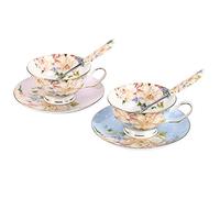JinGlory Juego de 2 tazas de té, tazas de té florales y suacers, juego de té de porcelana de hueso, tazas de café, juego de té para adultos/amigos/amantes, 7 onzas (azul/rosa)