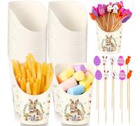 Jingmore 250 tazas de aperitivos de charcutería de conejo de Pascua con palitos que incluyen 50 tazas de papel para aperitivos de fiesta de Pascua de 14 onzas, 200 piezas de conejo, huevo y zanahoria