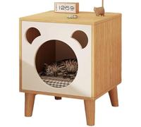 JingNian Mesa Auxiliar para Mascotas, Casa para Gatos y Perros, Mesita de Noche con Orificio Lateral, Ideal para Salón o Baño(Light Walnut+Warm White,40X40X50cm)