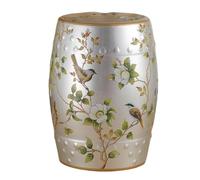 JingNian Taburete de Jardín de Cerámica Esmaltada, Taburete Tambor de Cerámica con Motivos Florales y Pájaros, Mesa Auxiliar Elegante para Salón, Terraza, Balcón, Baño o Soporte para Plantas(Silver3)