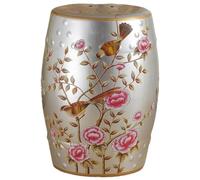JingNian Taburete de Jardín de Cerámica Esmaltada, Taburete Tambor de Cerámica con Motivos Florales y Pájaros, Mesa Auxiliar Elegante para Salón, Terraza, Balcón, Baño o Soporte para Plantas(Silver2)