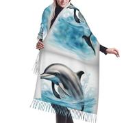 jingong Ocean Dolphin Looking at You - Bufanda de imitación de cachemira cálida con borlas, elegante chal estampado para mujer