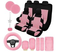 JINGSEN Juego Completo de 17 Fundas de Asiento de Coche para Mujer, Funda Universal para Asiento de Coche, Funda de Volante de Felpa, Engranaje de Freno de Mano de Lana Suave esponjosa, Accesorios de