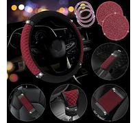 JINGSEN Juego de 11 accesorios de cuero con diamantes de imitación brillantes para automóvil, funda para volante para mujer, funda para reposabrazos de consola central, funda para cinturón, funda para