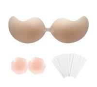 JINGTOPS 1 Par Adhesive Bra Sujetador sin Espalda Push UP Invisible sin Tirantes con Descubierta y 1 par de Almohadillas Reutilizables para Pezones para Vestido de Fiesta de Boda (Color de Piel, B)