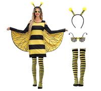 JINGTOPS Disfraces Originales Carnaval Disfraz Abeja Mujer De 4 Piezas Para,Vestido Abeja Mujer Con Alas De Abeja Para Adultos,Diadema De Abeja, Medias Hasta La Rodilla,Gafas De Abeja Para Mujer (S)