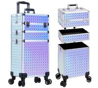 JINGUAN Maletín de maquillaje 3 en 1 con ruedas, carrito de cosméticos profesional, gran almacenamiento con llaves, ruedas giratorias, estuche de peluquería para peluquería, carrito de viaje para