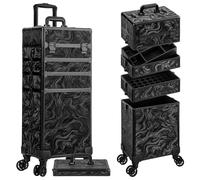 JINGUAN Maletín de maquillaje rodante 5 en 1, organizador de viaje con cerradura para salón de belleza, peluquería con ruedas, para mujeres, estilistas, artistas, uñas, tinta negra