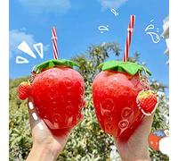 JINGYAN Copas de agua Strawberry Glass Water Cup With Lid Cartoon Food Grade PP Wide Application Milk Juice Cups Breakfast Home Office Bottle(B)