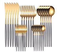 JINGYAN Cucharas Gold Dinnerware Set Stainless Steel Steak Knife Fork Coffee Spoon Teaspoon Flatware Dishwasher Safe Kitchen Tableware Set(Grey Gold)