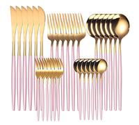 JINGYAN Cucharas Gold Dinnerware Set Stainless Steel Steak Knife Fork Coffee Spoon Teaspoon Flatware Dishwasher Safe Kitchen Tableware Set(Pink Gold)