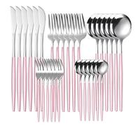 JINGYAN Cucharas Gold Dinnerware Set Stainless Steel Steak Knife Fork Coffee Spoon Teaspoon Flatware Dishwasher Safe Kitchen Tableware Set(Pink Silver)