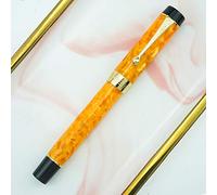 Jinhao Serie 100 Pluma de punta doblada, fina a ancha, color amarillo mármol resina barril dorado con estuche de metal