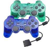 JINHOABF - Paquete de 2 controladores con cable PS2, doble choque compatible con consola Playstation 2 (azul transparente y verde transparente)