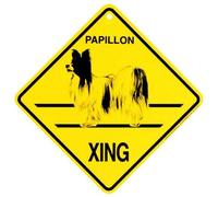 JINKAIRUI Cartel de metal de estaño Papillon Xing Caution Crossing Dog Cartel de regalo para el hogar, oficina, bar, decoración de pared para interiores y exteriores, letrero cuadrado de 8 x 8