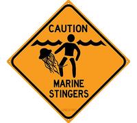 JINKAIRUI Letrero de metal con texto en inglés "Caution Marine Stingers Man O War Medusas", advertencia de precaución, playa, placa costera, piscina, casa, cubierta, Tiki, letrero para decoración de