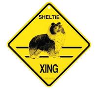 JINKAIRUI Letrero de metal con texto "Sheltie Xing Caution Crossing Dog Gift Sign", 20 x 20 cm, decoración de pared para interiores y exteriores