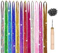 Jinlaili Pelo de Oropel, 12 Colores Hilos de Extensión De Cabello Sintético Brillante, 94CM, Kit de Accesorios de Moda