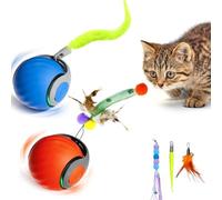 JinRui-T 2 bolas rodantes activas con cola para gatos, 5 cebos teaser, juguete interactivo inteligente para gatitos con cola de pluma, 2 velocidades recargables, juguetes para gatos de interior