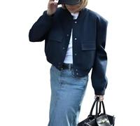 Jinsha Chaqueta Bomber para Mujer Corto Blouson Casual Piloto Sólido Holgado Varsity Jacket con Bolsillos Azul Oscuro M