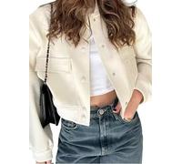 Jinsha Chaqueta Bomber para Mujer Corto Blouson Casual Piloto Sólido Holgado Varsity Jacket con Bolsillos Blanco M
