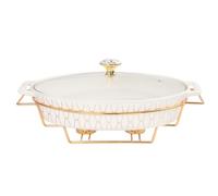 jinsongdafa Cacerola ovalada de porcelana con tapa de cristal y rejilla, 1600 ml, sopera para servir, plato chafing dish para buffet, cazuela para guardar alimentos