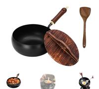 Jinswhdre Cast Iron Skillet, Japanese Iron Pan, Hand-Forged Non-stick Pans Without Coating,Durable and Versatile Cookware, High Purity Frying Pans for Cooking (Wooden Lid,26CM)