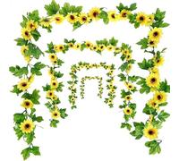 JinweiS Paquete de 3 guirnaldas de girasol artificiales, 7.5 pies/hebra de seda con hojas verdes para habitación, cocina, jardín, cumpleaños, boda, fiesta, decoración de mesa
