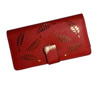 Jinweixb Cartera larga para mujer con patrón de hojas, múltiples ranuras para tarjetas, cierre de cremallera de gran capacidad, color rojo vino, Rojo vino, Fresco y dulce