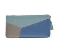 Jinweixb Cartera larga para mujer, diseño geométrico de bloques de color, organizador multitarjetas con borla, azul y azul grisáceo, Azul