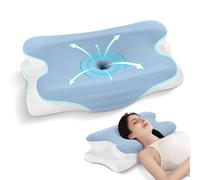 JINXIA Almohada Cervical, Almohada Ergonomica y Antironquidos, Almohada Apnea del Sueño con Memory Foam, Almohadas Cervicales para Dormir, Funda Desenfundable, Azul Blanco